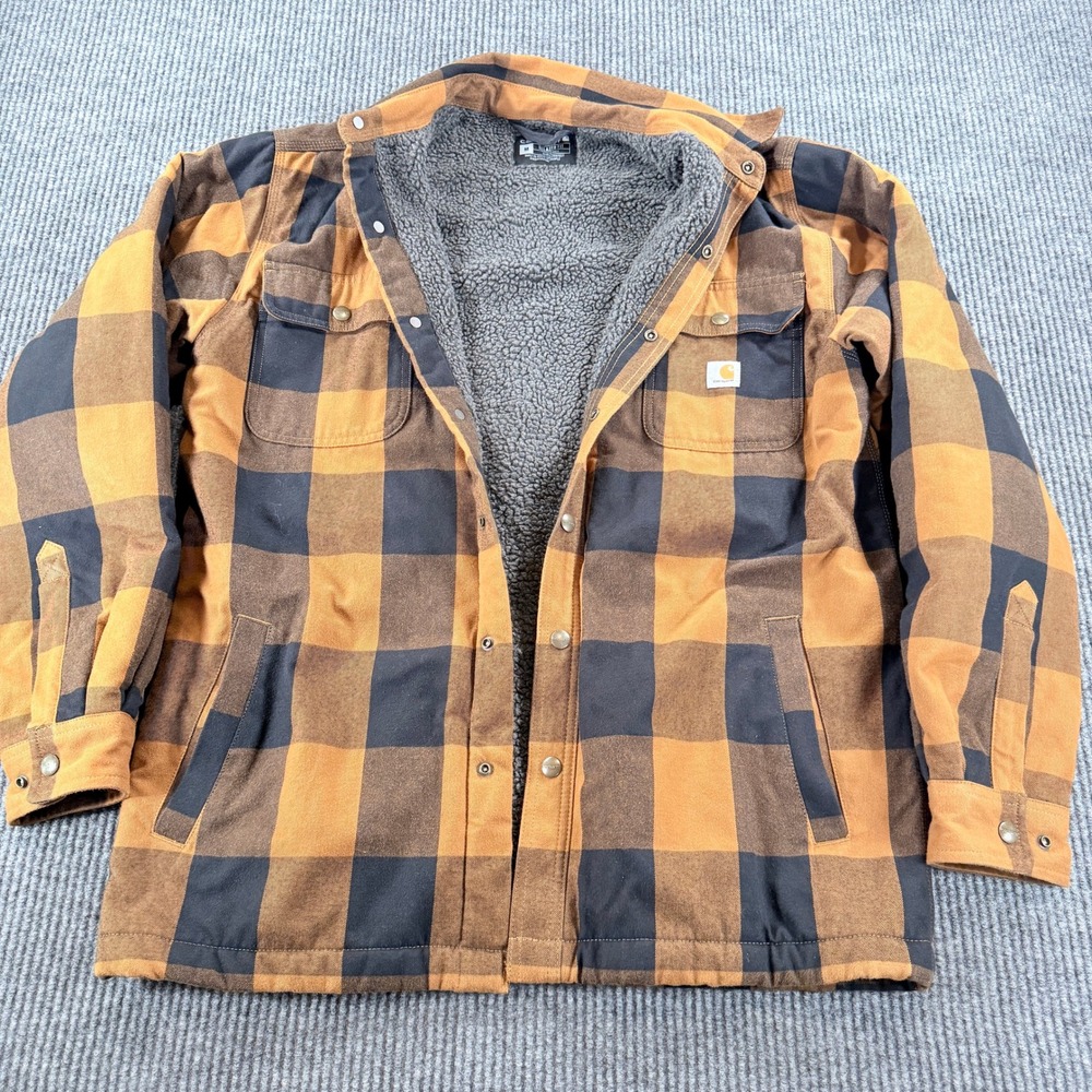Carhartt Relaxed Fit Hubbard Sherpa Lined Shirt Jacket Men M Plaid Orange Black